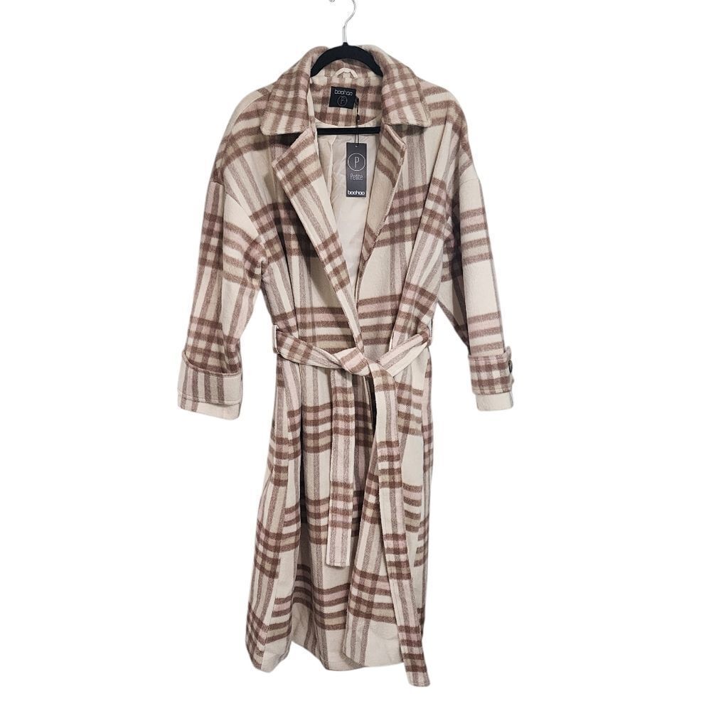 Boohoo coat jacket trench cream tan pink plaid Boho Western Work 12p Nwt